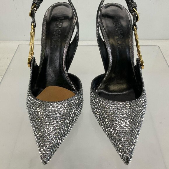 Versace Silver Gold Black Leather Bling Embellished Slingback Pumps 35.5 / US 5 - Picture 3 of 15